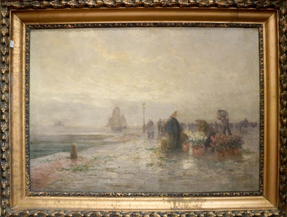 Ornate gold-framed oil painting of misty harbor market landscape