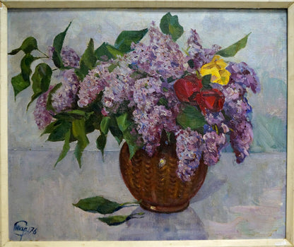 Oil painting of vibrant lilacs in amber ceramic vase by unknown artist