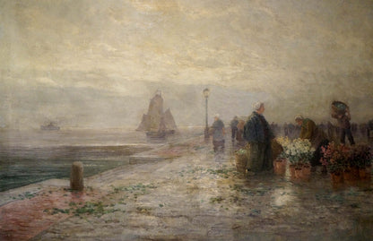 Oil painting landscape with misty harbor market on stone quay