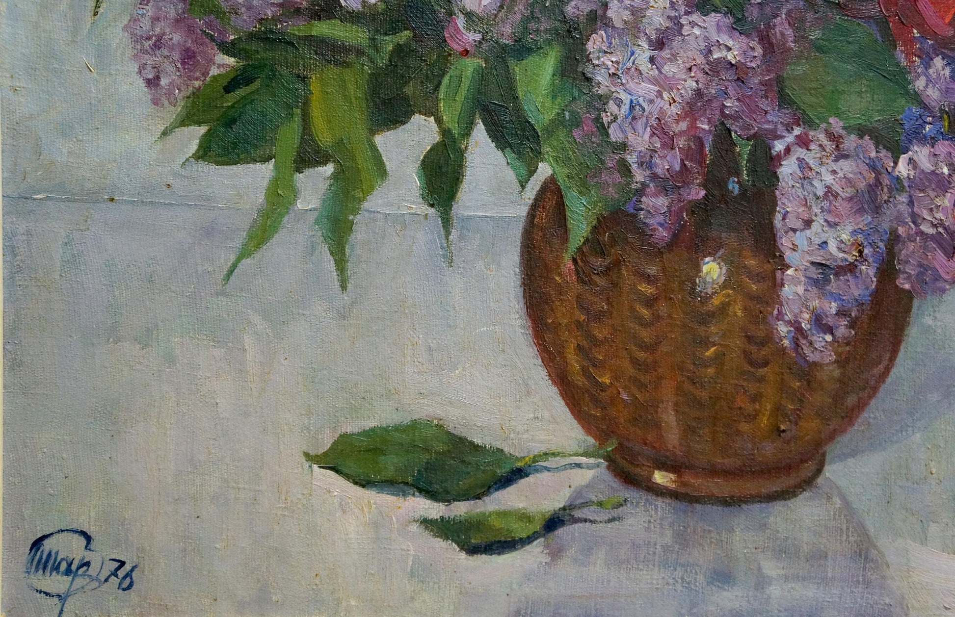 Oil painting of lilacs and tulips in golden-brown ceramic vase