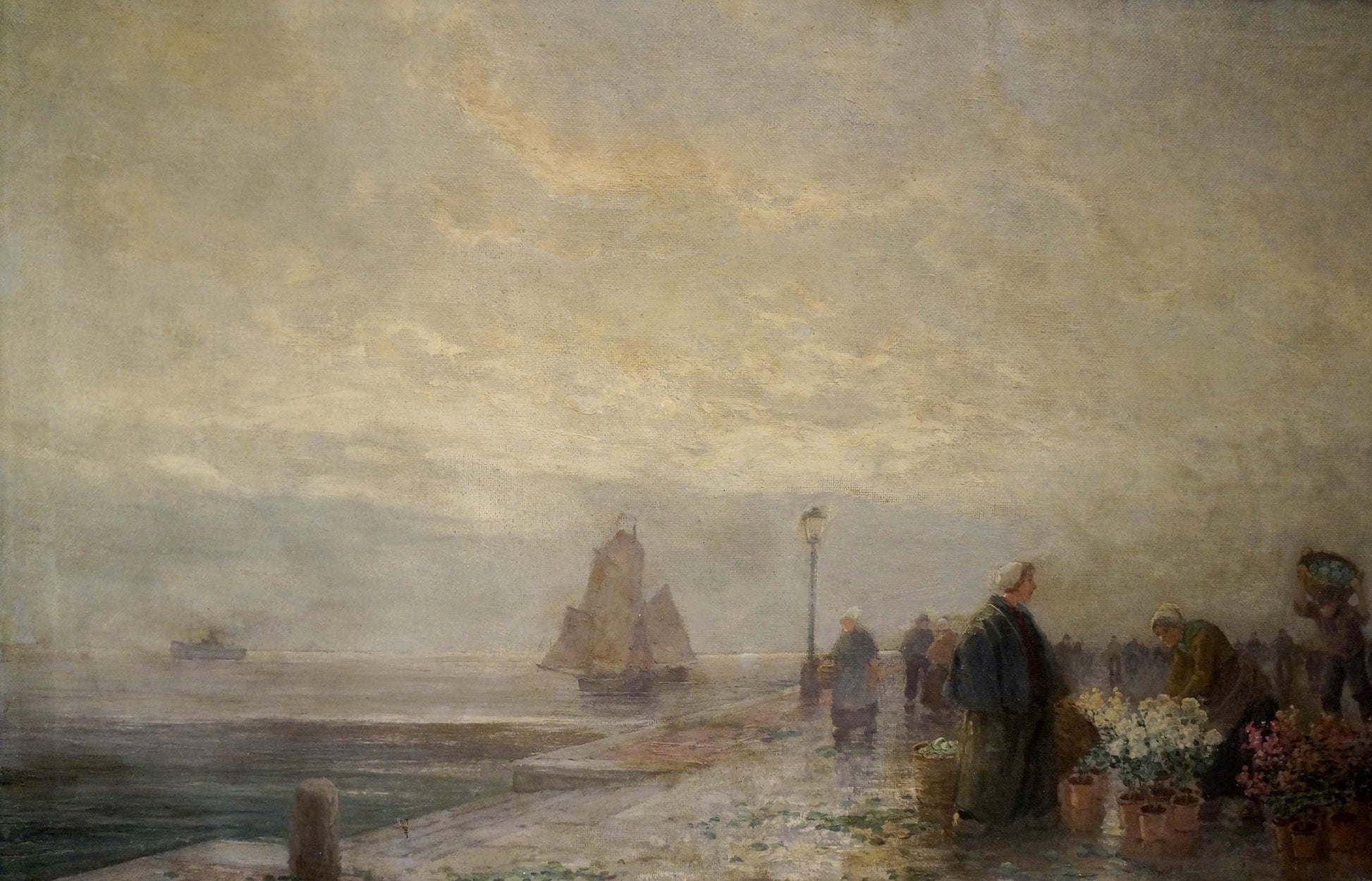 Oil painting landscape with misty harbor sailboat and waterfront market stalls