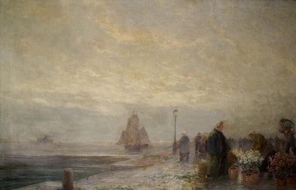 Oil painting landscape with misty harbor sailboat and waterfront market stalls