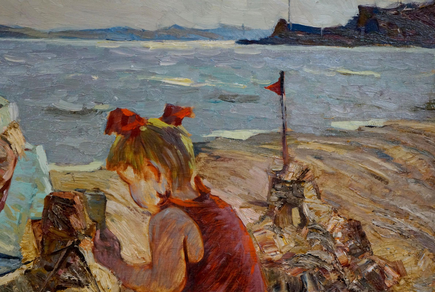 Oil painting by Kuts Vladimir Vladislavovich: blonde child in red bows and orange dress on beach