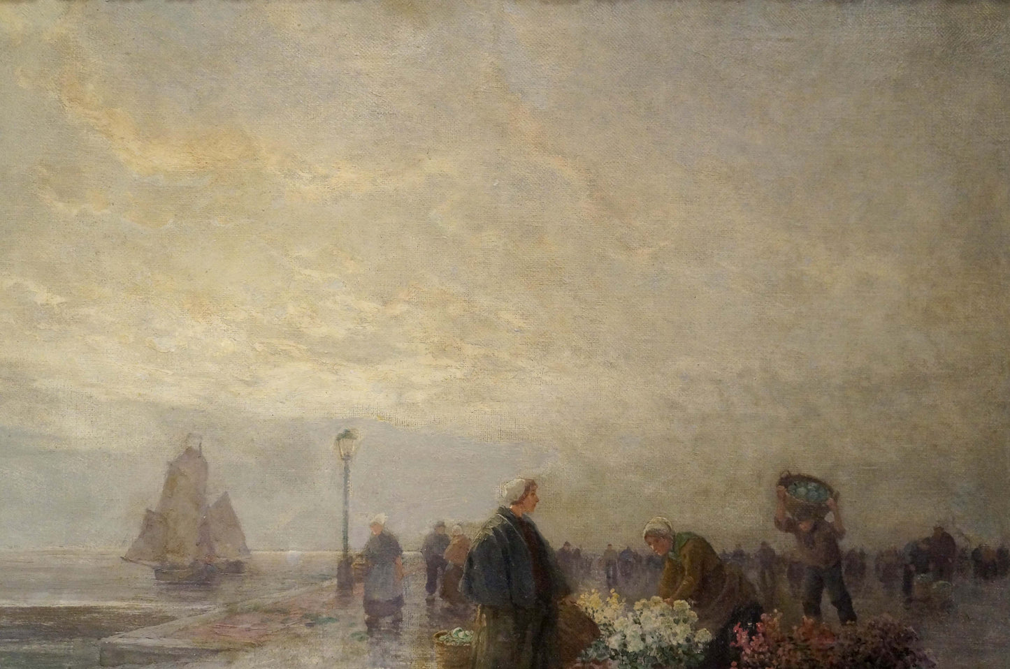 Muted impressionistic oil painting of misty waterfront market landscape