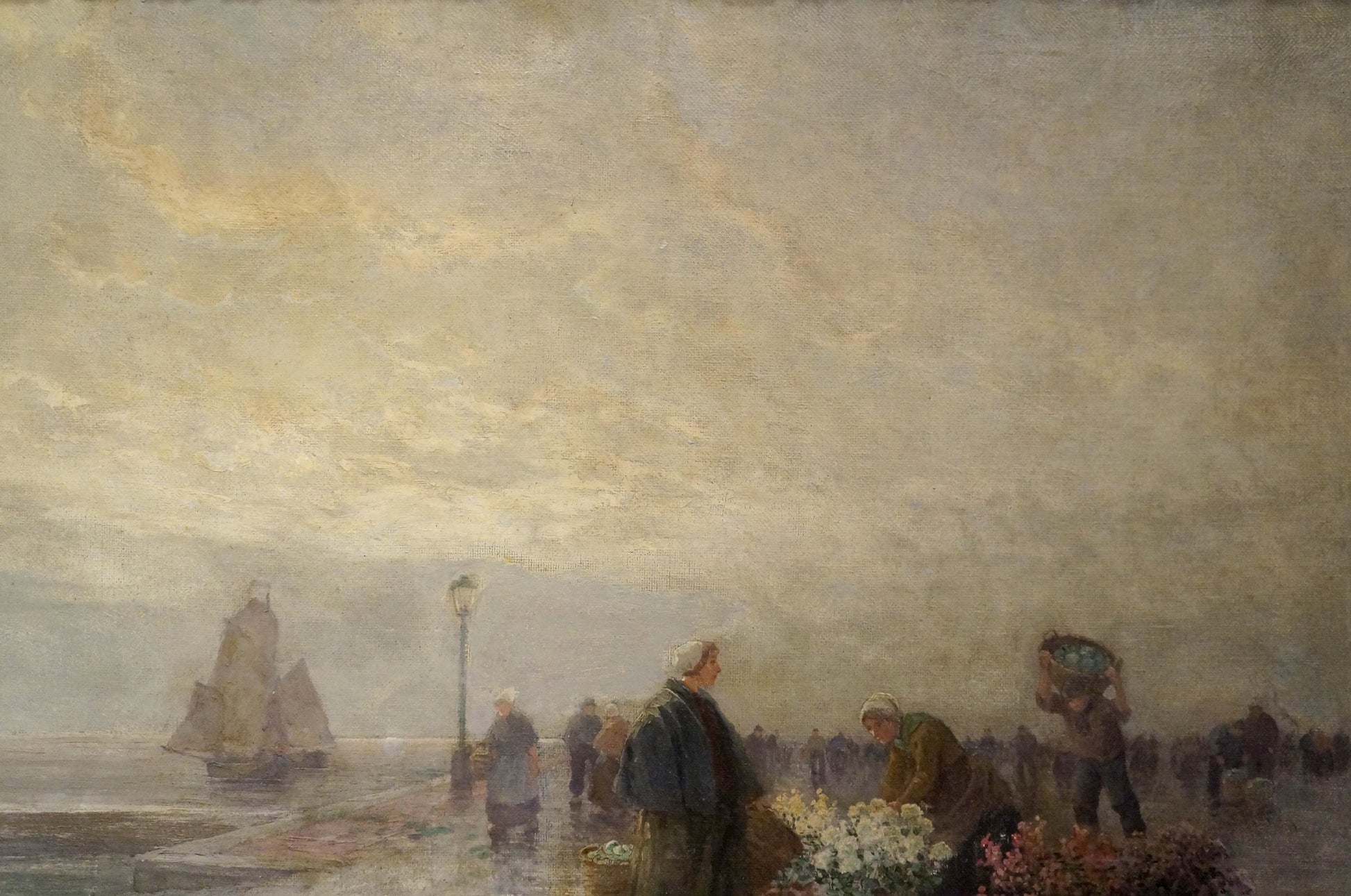 Muted impressionistic oil painting of misty waterfront market landscape