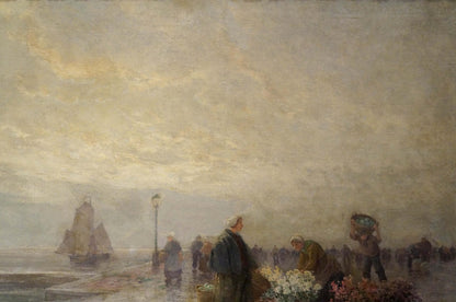 Muted impressionistic oil painting of misty waterfront market landscape