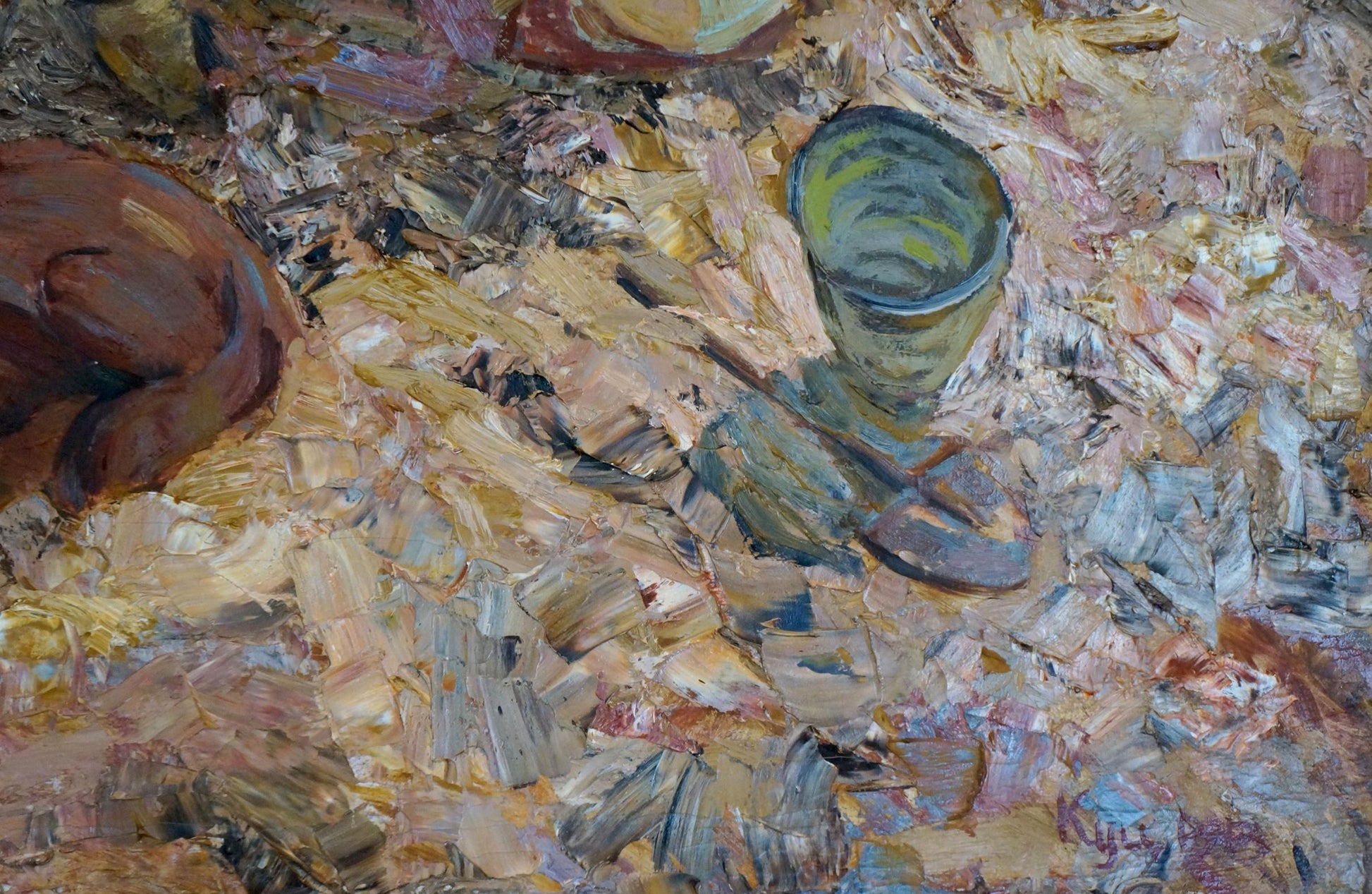Greenish metallic cup on Oil painting On the shore by Kuts Vladimir Vladislavovich