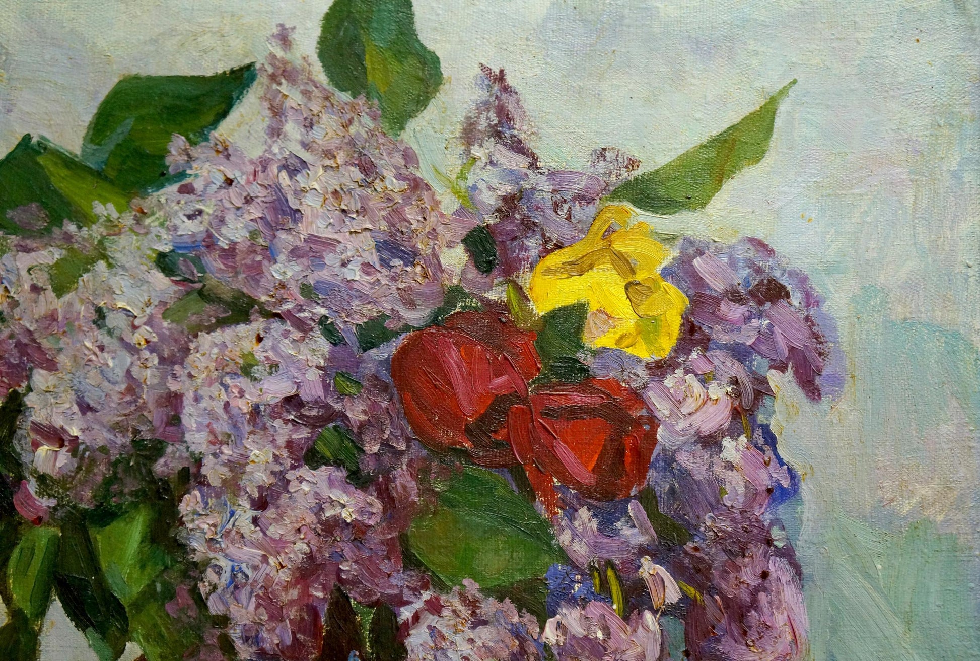 Oil painting of lilacs and tulips in vase by unknown artist