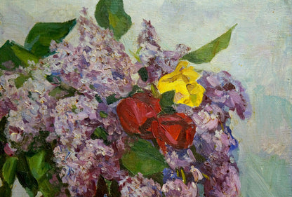 Oil painting of lilacs and tulips in vase by unknown artist
