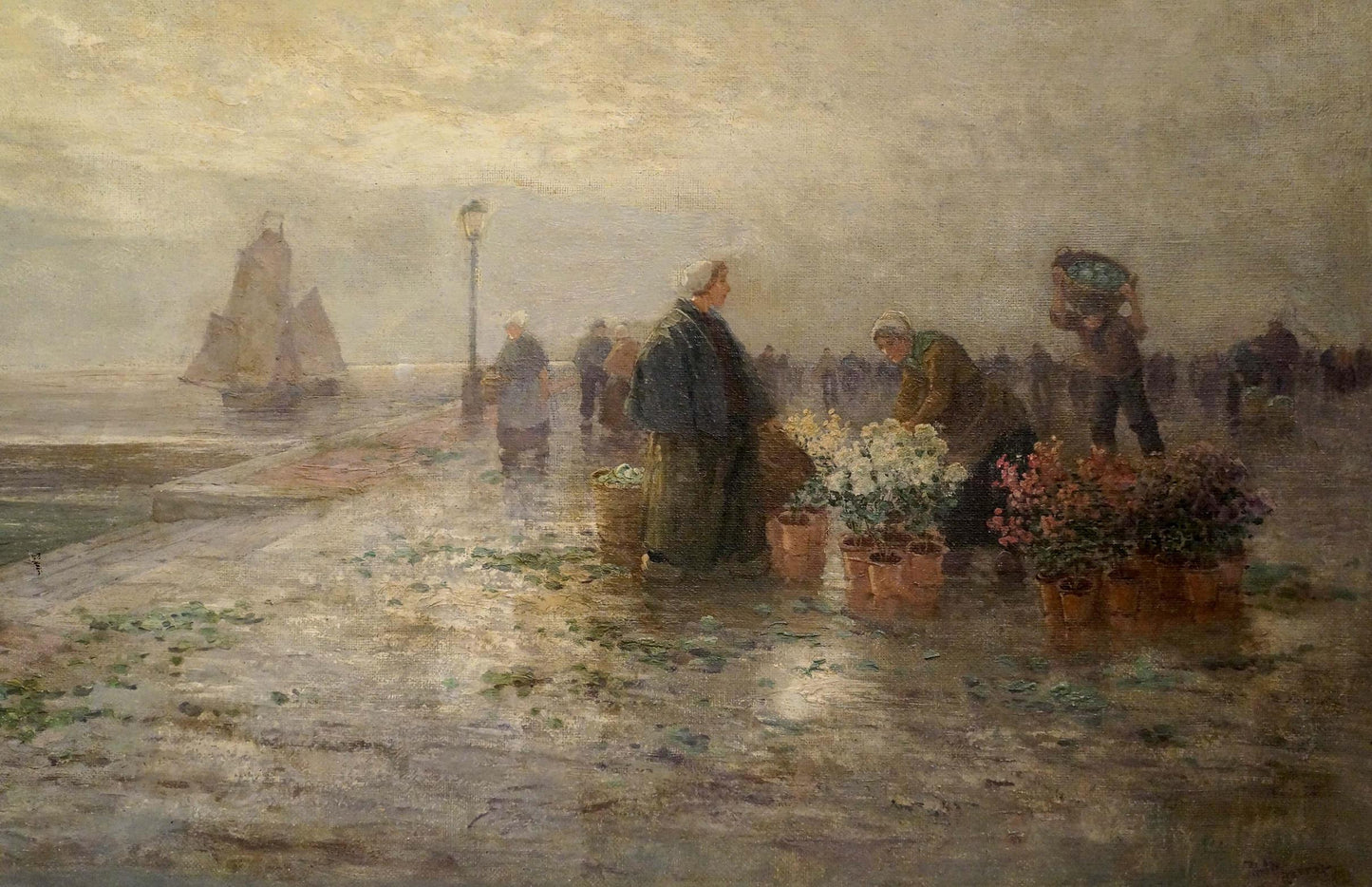 Oil painting of misty coastal market with terracotta potted flowers