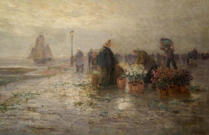Oil painting of misty coastal market with terracotta potted flowers