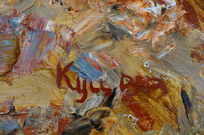 Red cursive Kylus B. signature on back of Oil painting On the shore by Kuts Vladimir Vladislavovich, textured ochre gold canvas