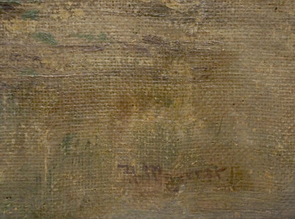Oil painting landscape with market in faded earthy tones and textured brushstrokes