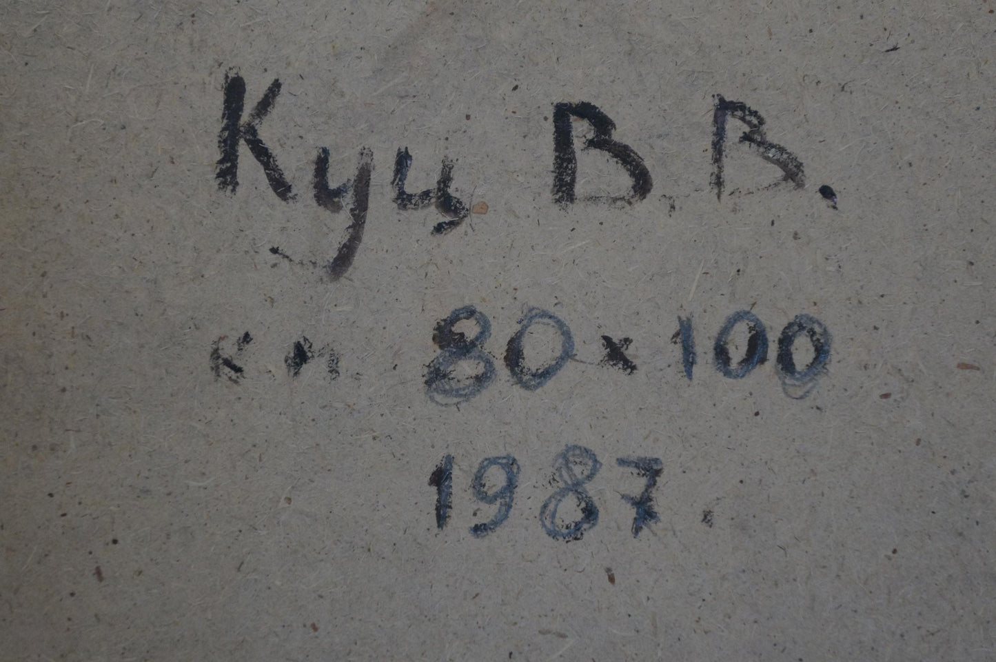 Back of Oil painting On the shore Kuts Vladimir Vladislavovich with handwritten black ink inscription on textured gray surface