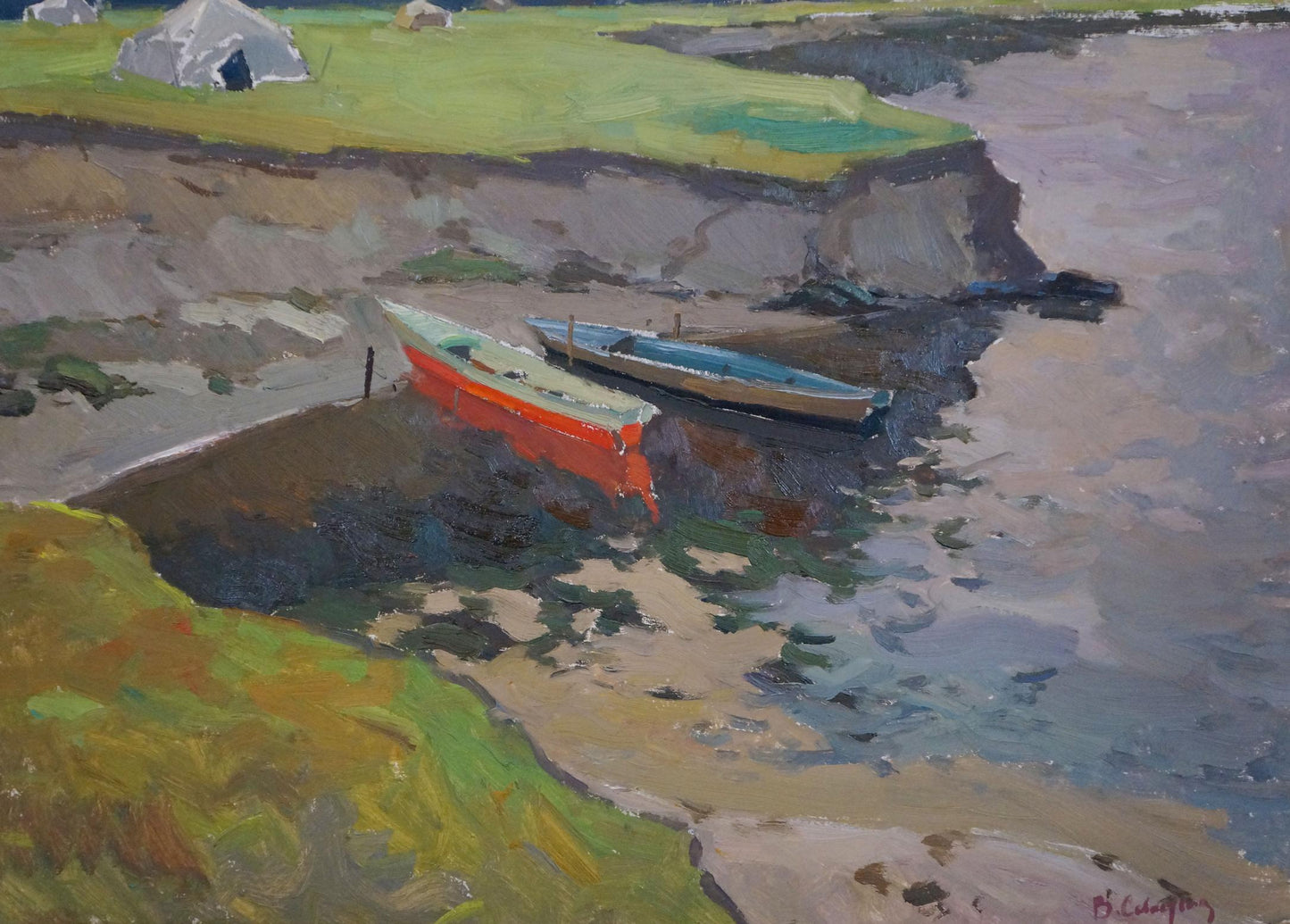 Oil painting Camp by the Shore by Sevastyanov: two boats on shallow water by grassy cliff