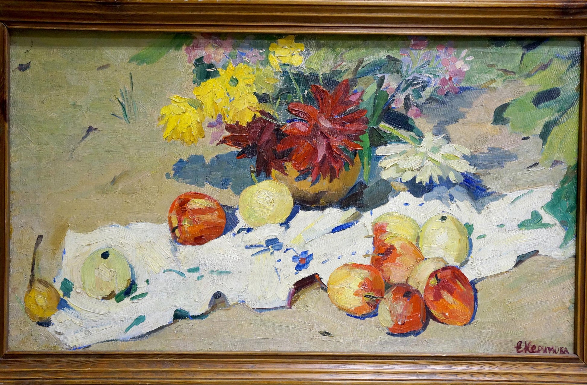 Oil painting Still life by Kerimova Elena Alexandrovna: yellow vase with red yellow flowers, apples pears on white cloth