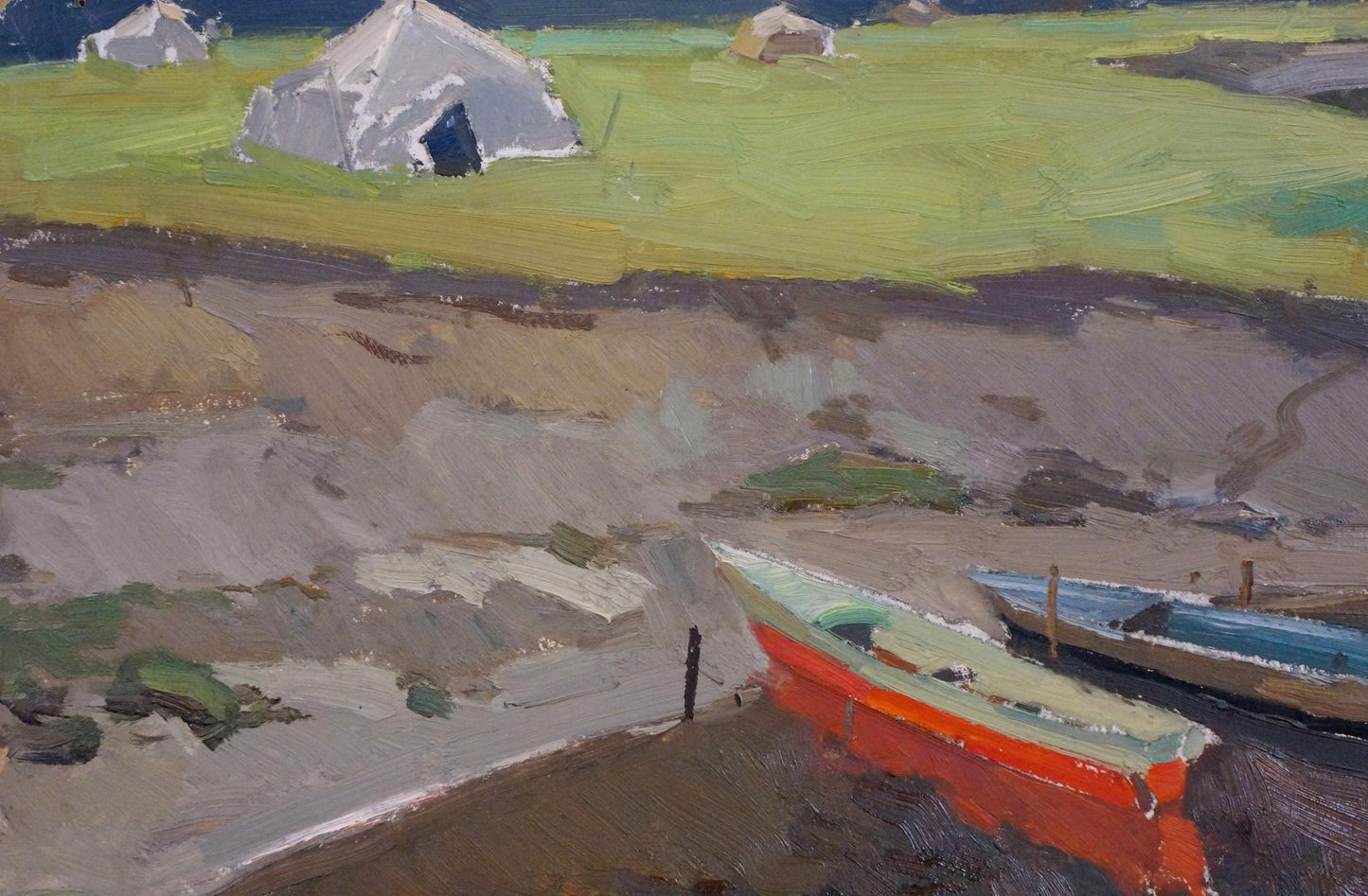 Oil painting of red rowboat on muddy shore by Sevastyanov Viktor Grigorievich
