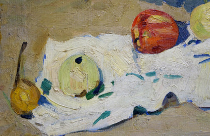 Oil painting of red apple on white surface by Kerimova Elena Alexandrovna