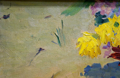 Vibrant yellow purple flowers oil painting by Kerimova Elena Alexandrovna