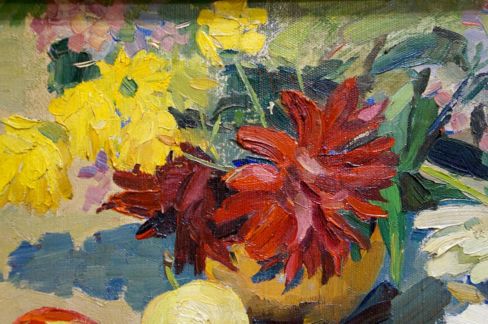 Vibrant red dahlia oil painting in yellow vase by Kerimova Elena Alexandrovna