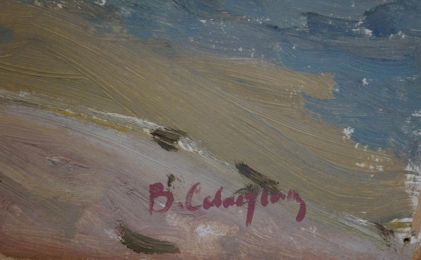 Reddish-brown b. signature on back of Sevastyanov Viktor Grigorievich oil painting Camp by the shore
