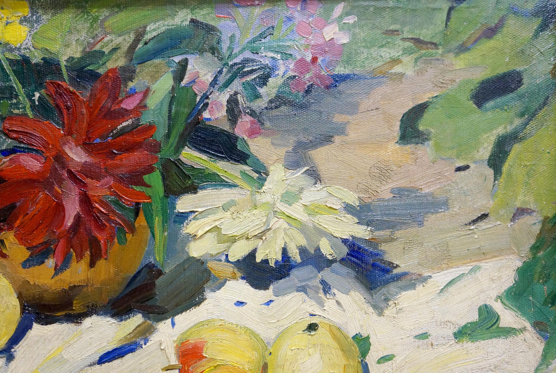 Oil painting of vibrant red dahlia in yellow vase by Kerimova Elena Alexandrovna