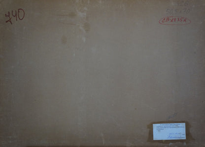 Back of beige canvas oil painting Camp by the shore by Sevastyanov Viktor Grigorievich with handwritten markings and label