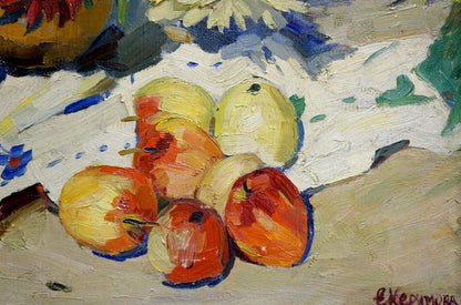 Oil painting of ripe red and yellow apples by Kerimova Elena Alexandrovna