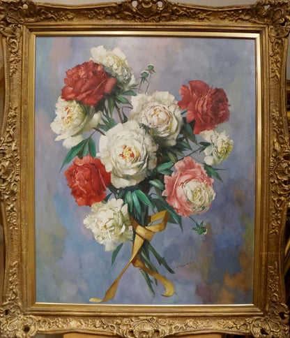 Oil painting of lush peony bouquet in gold frame by Volkwein H. G