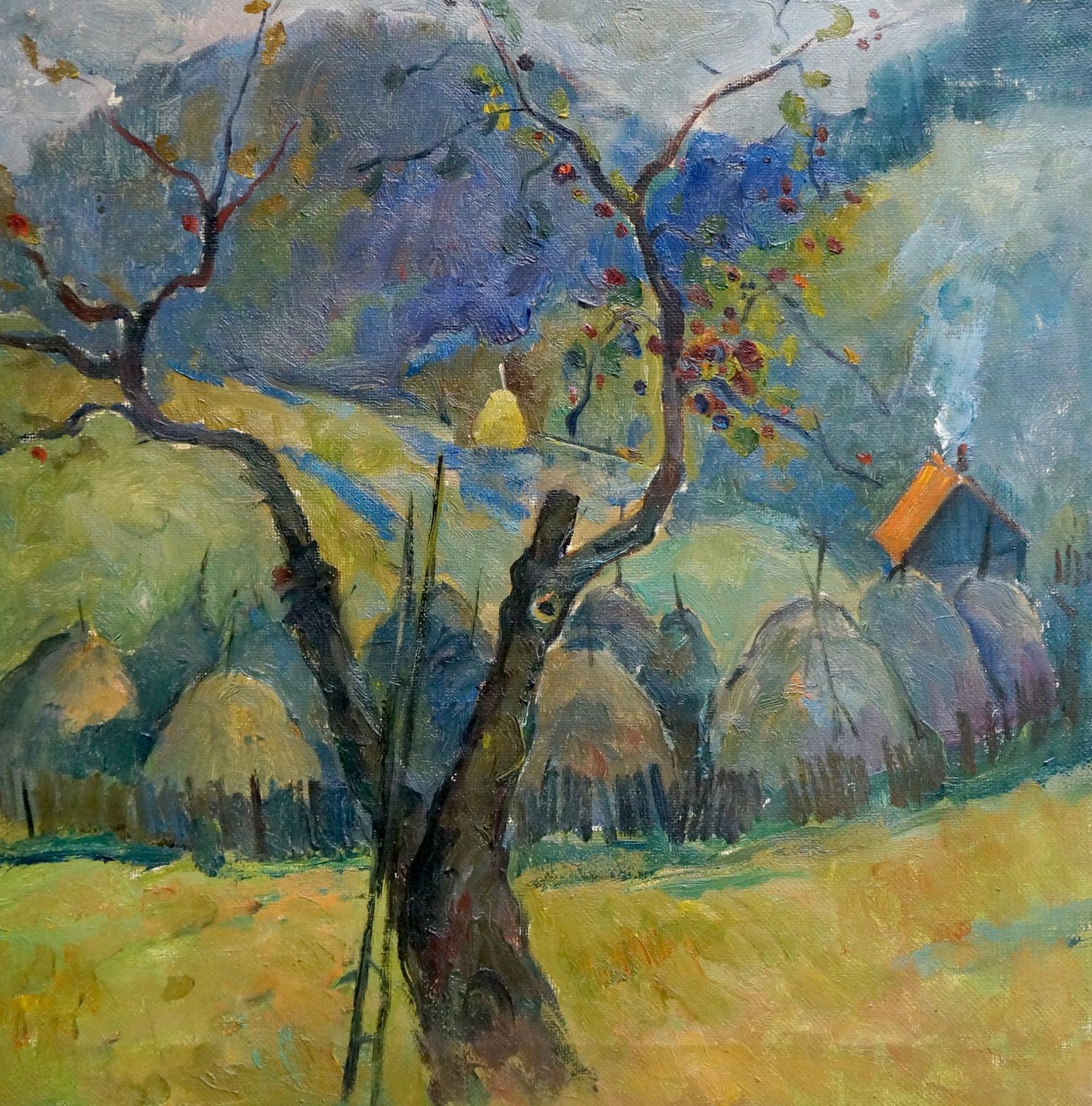 Oil painting by Litvinov Alexander Semenovich: gnarled tree with red fruit in sunlit field