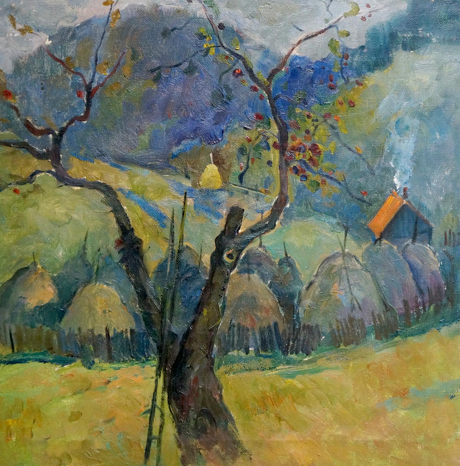 Oil painting by Litvinov Alexander Semenovich: gnarled tree with red fruit in sunlit field