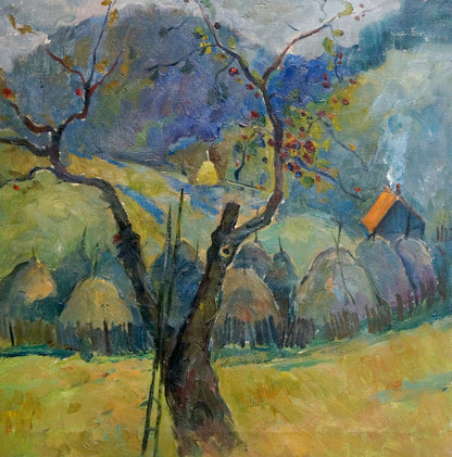 Oil painting by Litvinov Alexander Semenovich: gnarled tree with red fruit in sunlit field