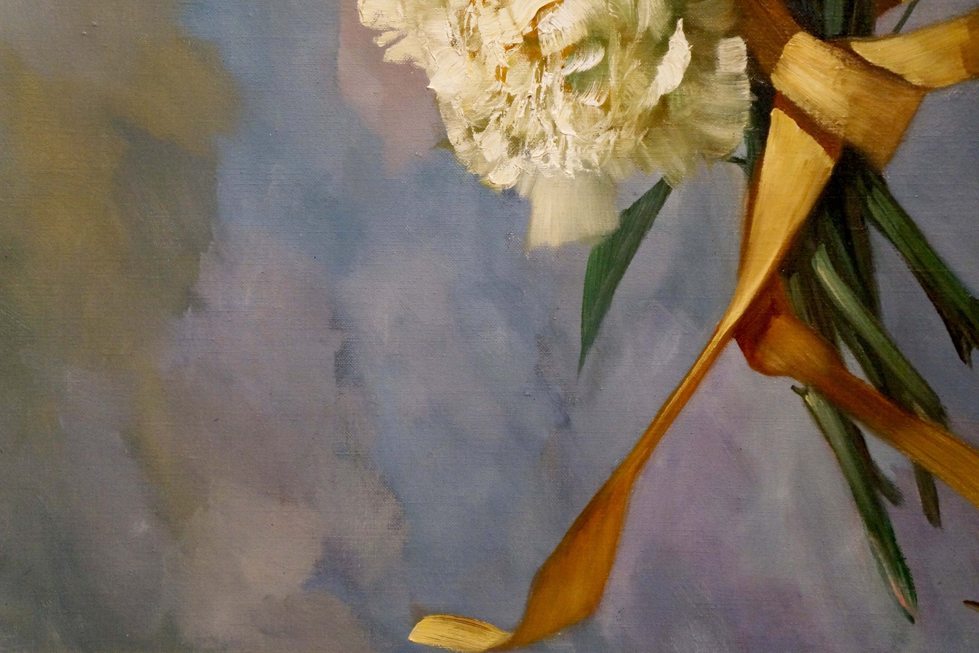 Delicate white peony bouquet oil painting by Volkwein H.G. with golden ribbon