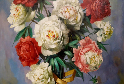 Oil painting of vibrant peonies bouquet in white, red, pink by Volkwein H. G