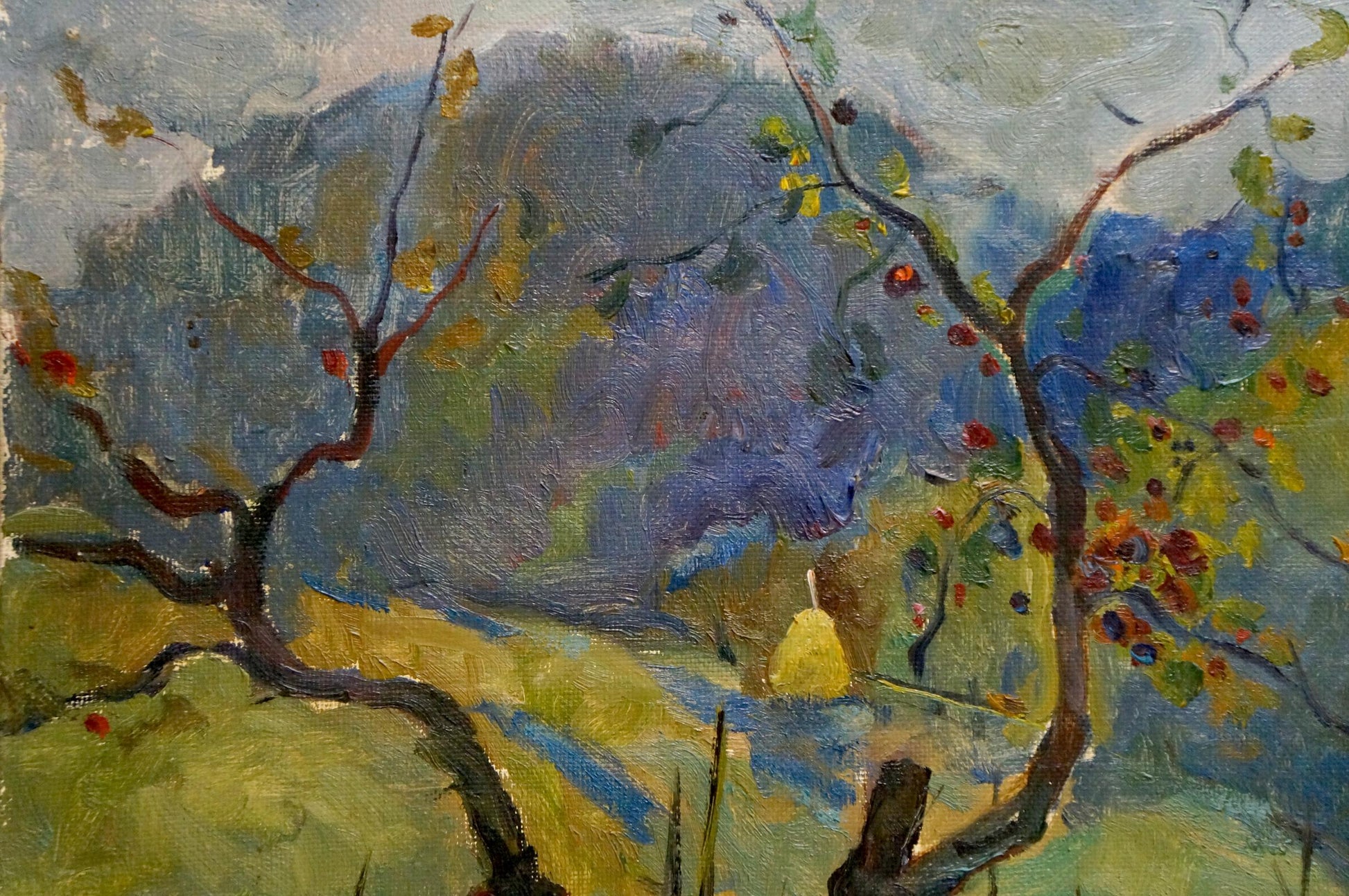 Vibrant impressionist oil painting by Litvinov Alexander Semenovich: gnarled trees with red fruit, blue hills, clouds