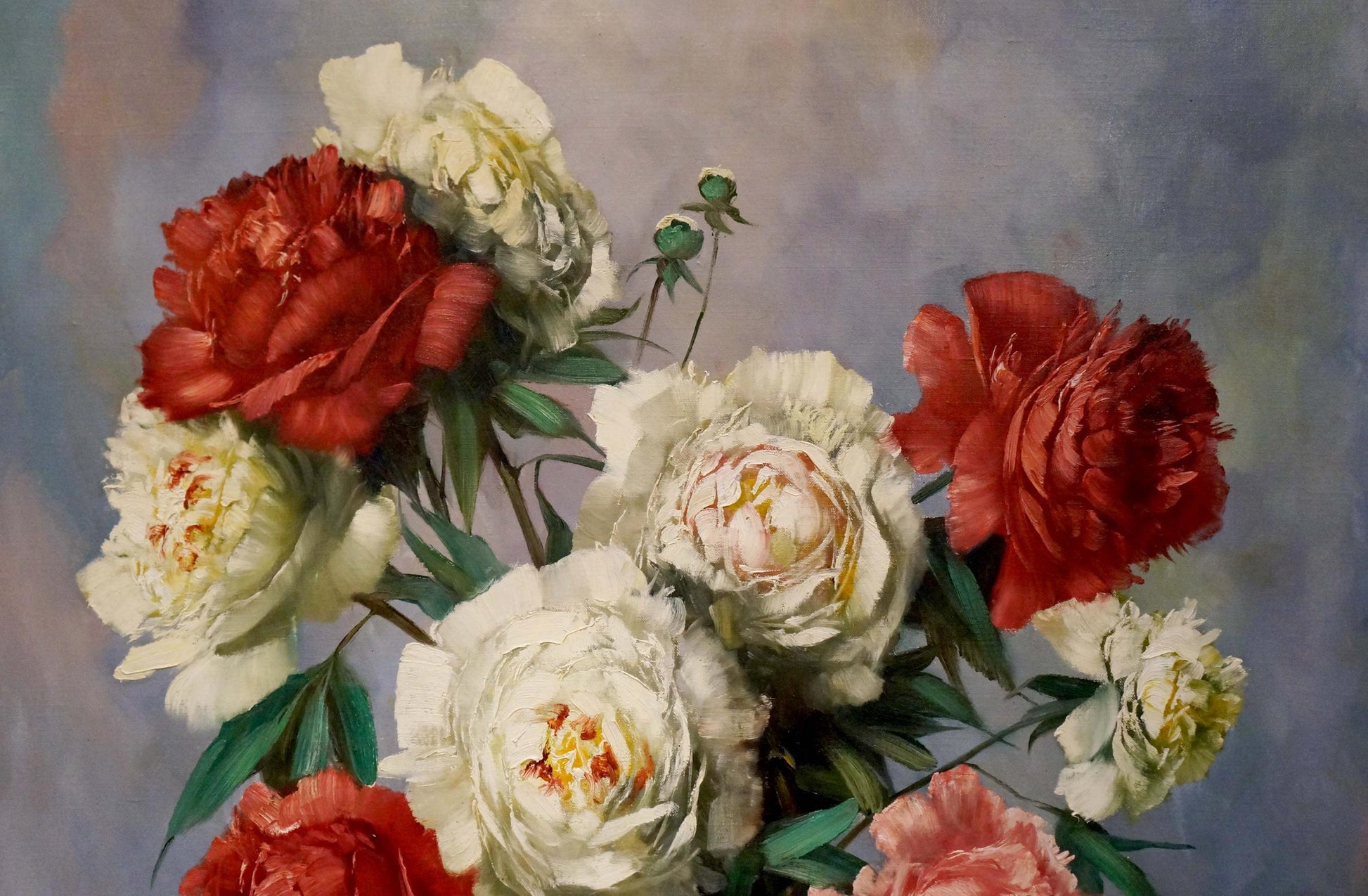 Lush red white peonies oil painting by Volkwein H. G. impressionistic bouquet