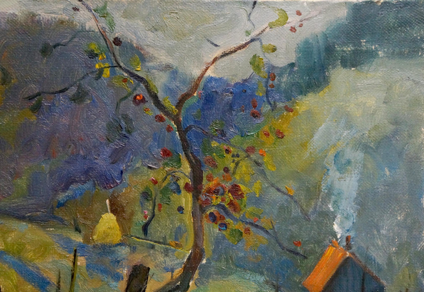 Vibrant impressionist oil painting by Litvinov Alexander Semenovich, tree with red yellow fruit in swirling blue green landscape