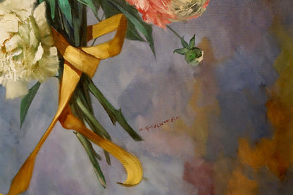Oil painting of cream peach peony bouquet with golden ribbon by Volkwein H. G