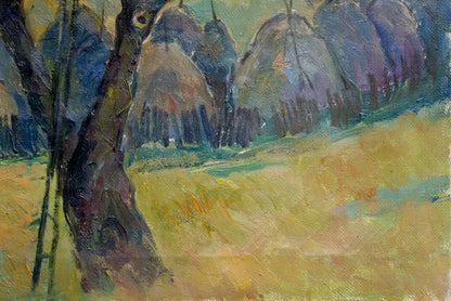 Oil painting by Litvinov Alexander Semenovich: textured tree and hay bales