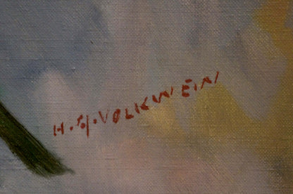 Red cursive H. signature on back of Volkwein H. G. oil painting bouquet