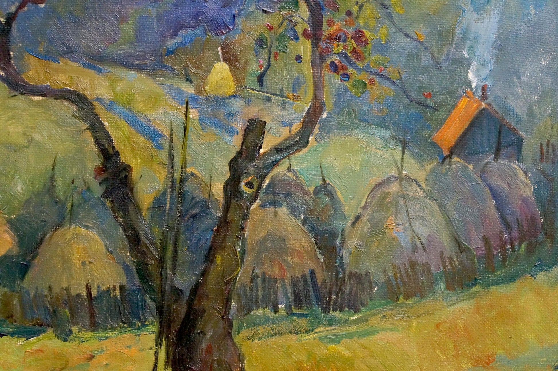 Vibrant impressionist oil painting by Litvinov Alexander Semenovich: gnarled tree with colorful fruit