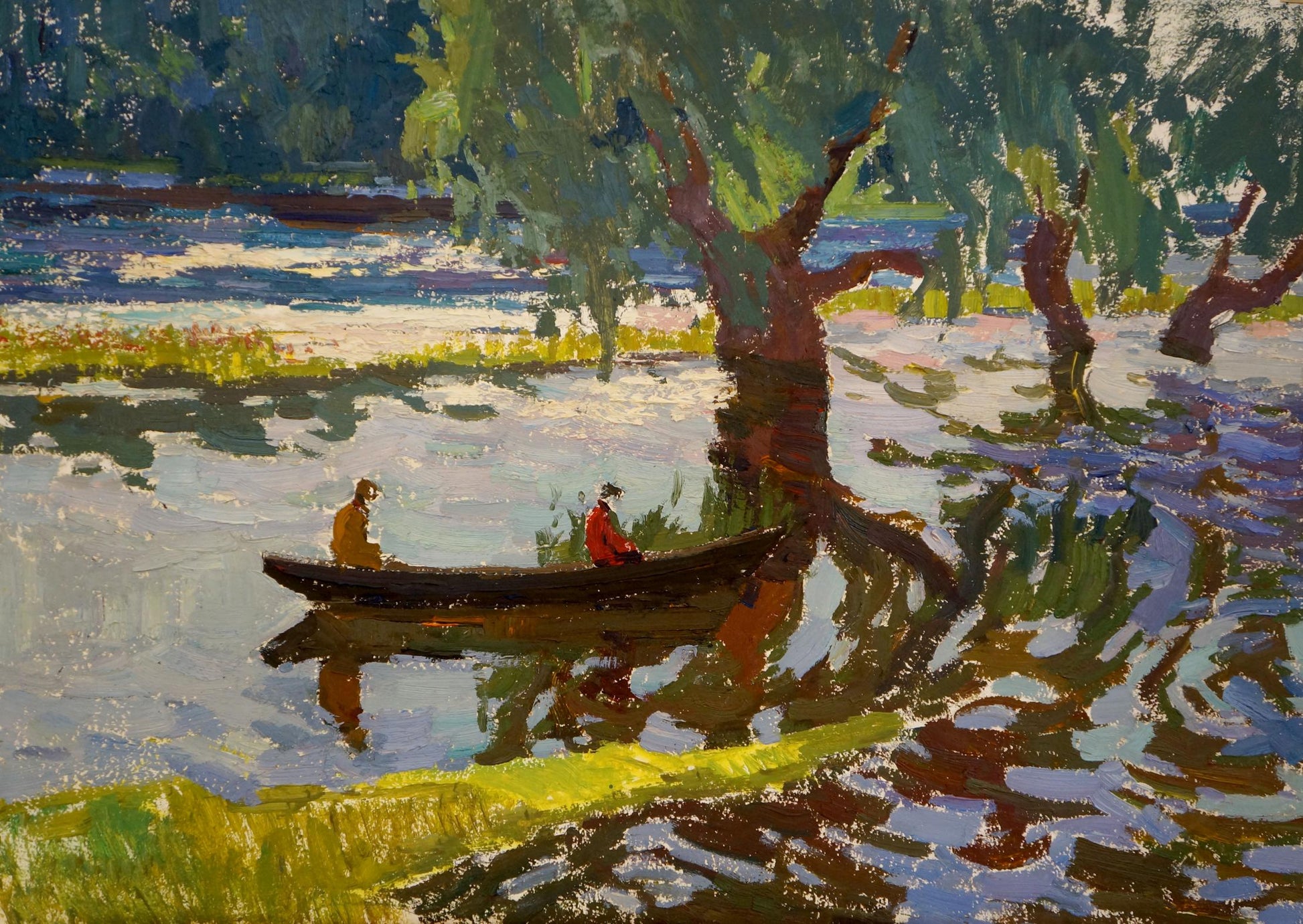 Oil painting In the boat by Sevastyanov Viktor Grigorievich: rowboat with figures in red and yellow under willows