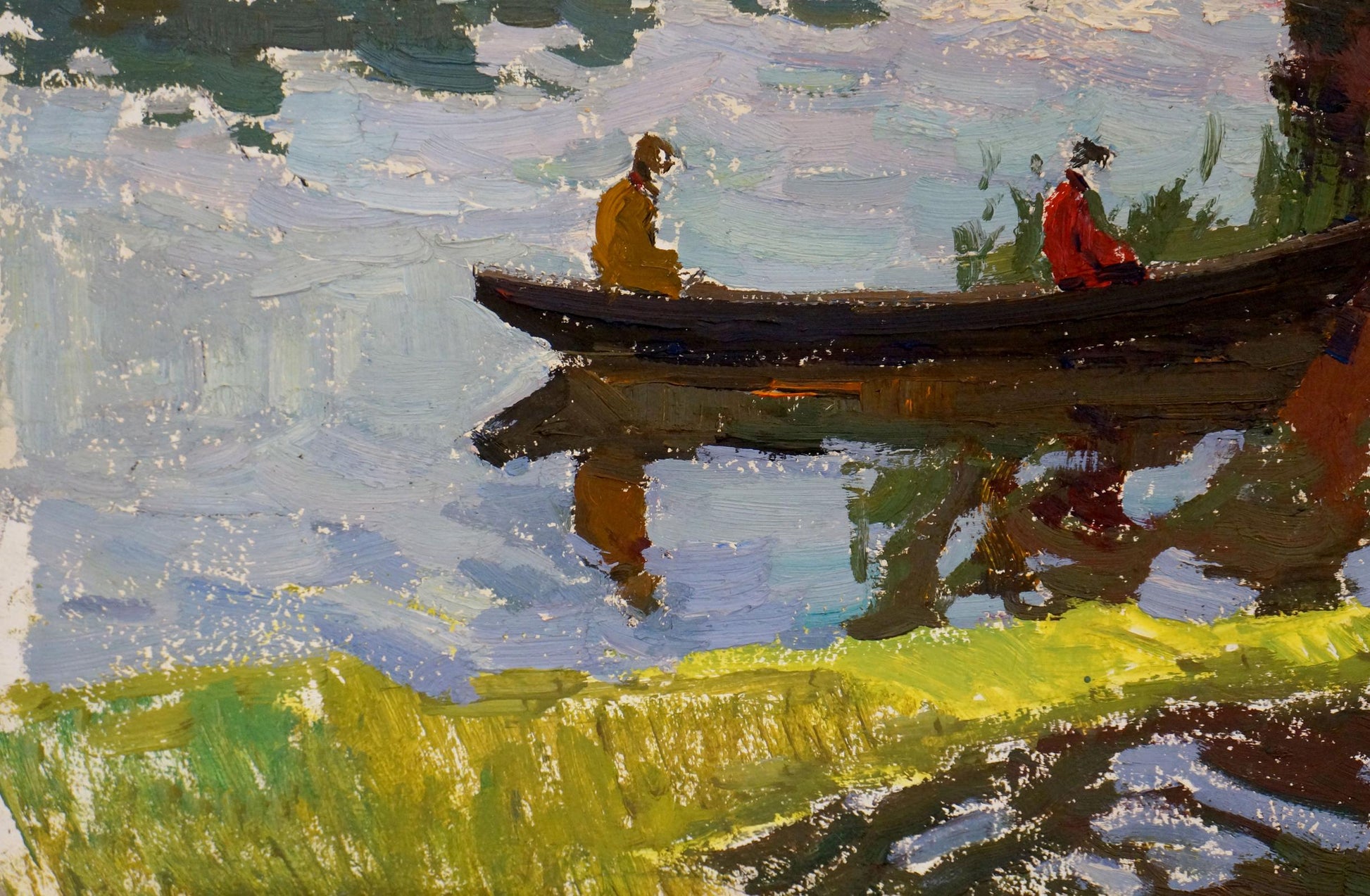 Oil painting In the boat by Sevastyanov Viktor Grigorievich: dark rowboat with figures in yellow and red