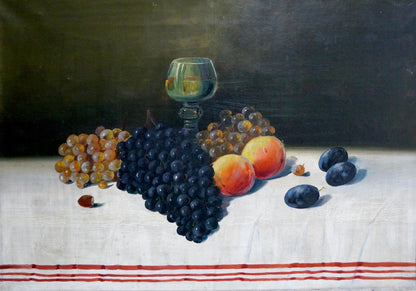 Oil painting Sweet Joy: wine glass, grapes, peaches, plums on white cloth