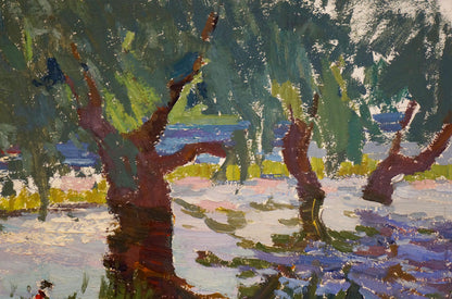 Impressionistic oil painting by Sevastyanov Viktor Grigorievich: trees in boat reflected in colorful water