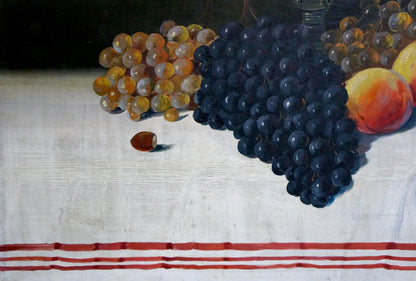 Oil painting Sweet Joy: purple, yellow grapes, peach on striped cloth
