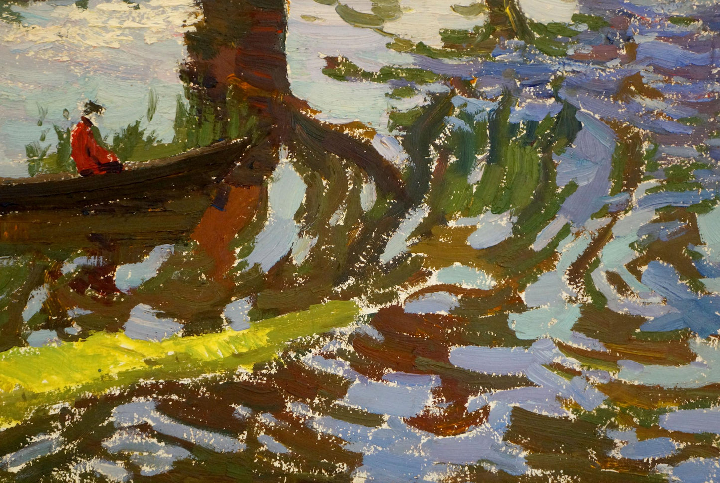 Vibrant impressionist oil painting by Sevastyanov Viktor Grigorievich: figure in red on boat in swirling water