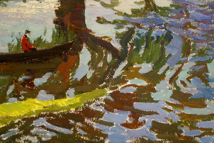 Vibrant impressionist oil painting by Sevastyanov Viktor Grigorievich: figure in red on boat in swirling water