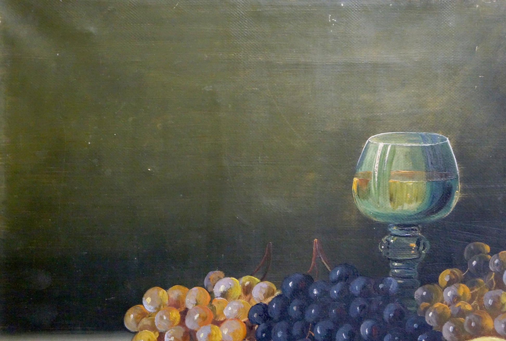 Oil painting Sweet Joy: snifter of golden liquid by purple yellow grapes