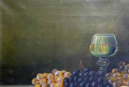 Oil painting Sweet Joy: snifter of golden liquid by purple yellow grapes